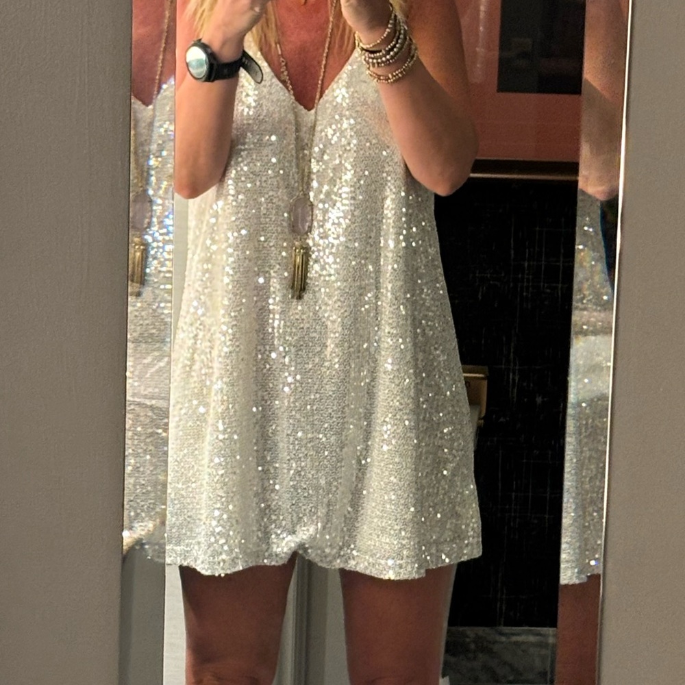 SHEIN White Sequin Mini Dress Sleeveless Plunge